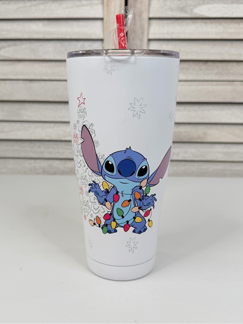 DISNEY Stitch Holiday/Christmas Stainless Steel Travel Tumbler w Red Straw